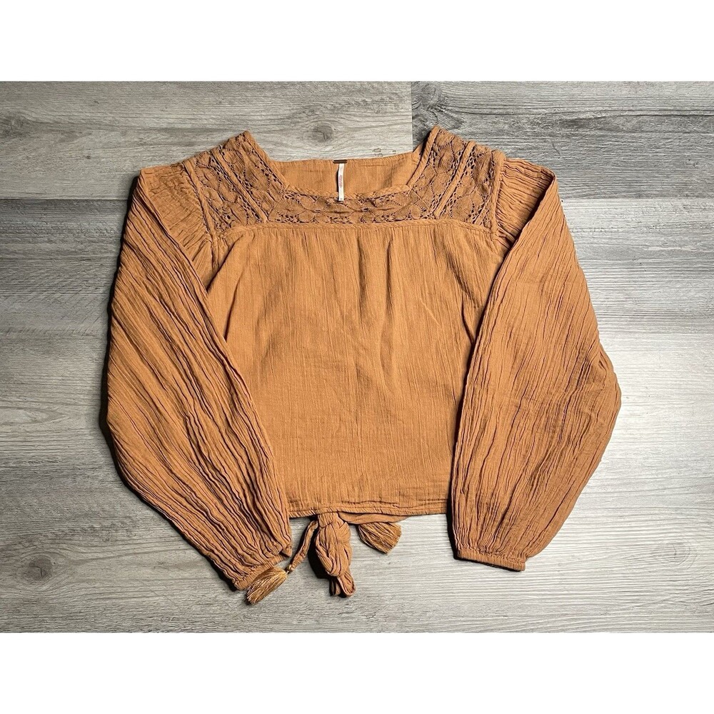 Free People Orange Crinkle Gauze Tie Waist Lace Boho Peasant Blouse Size M